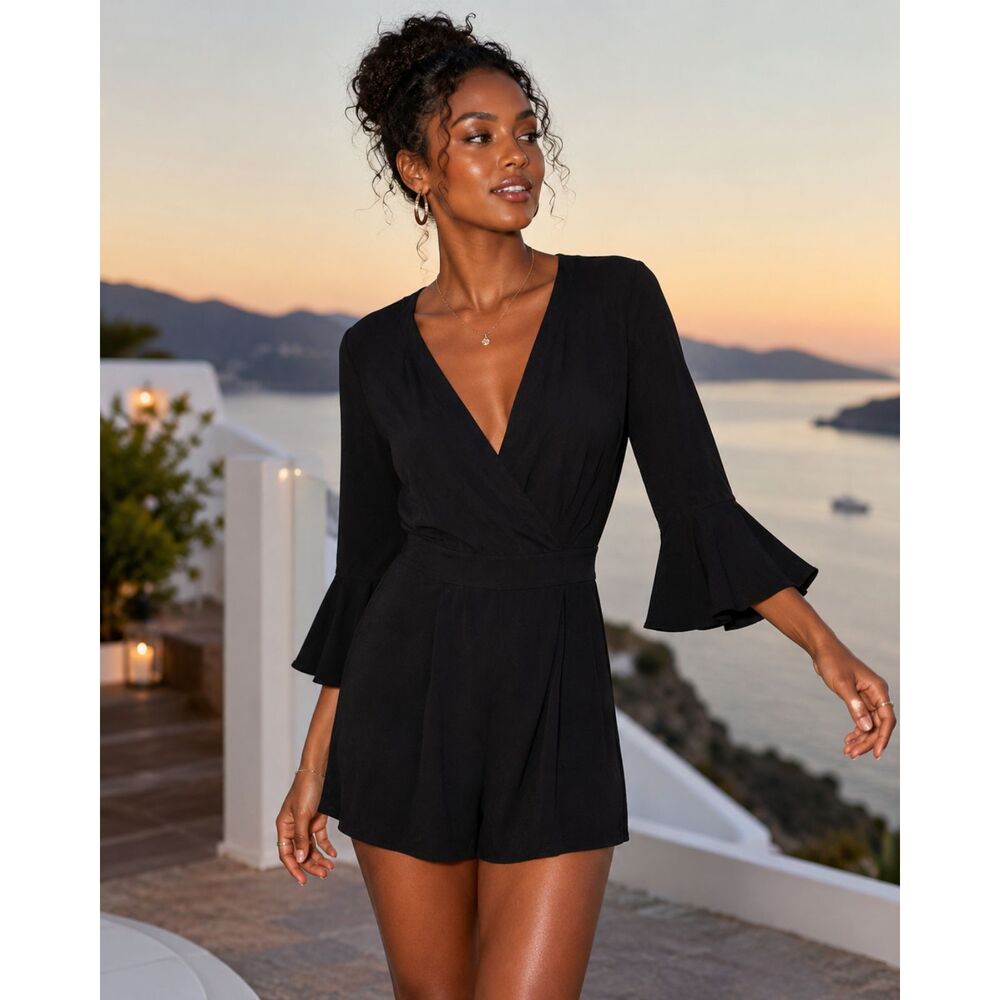 Lilly Pulitzer Black Bell Sleeve Wrap Romper Womens M Surplice V-Neck Playsuit